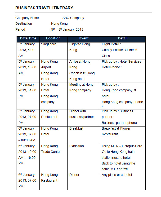 27d Business Itinerary Template