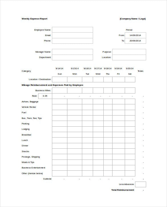 weekly expense report blank spreadsheet excel template free download