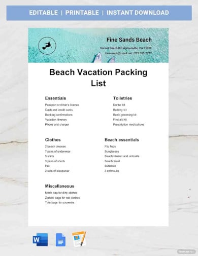 beach vacation packing list template