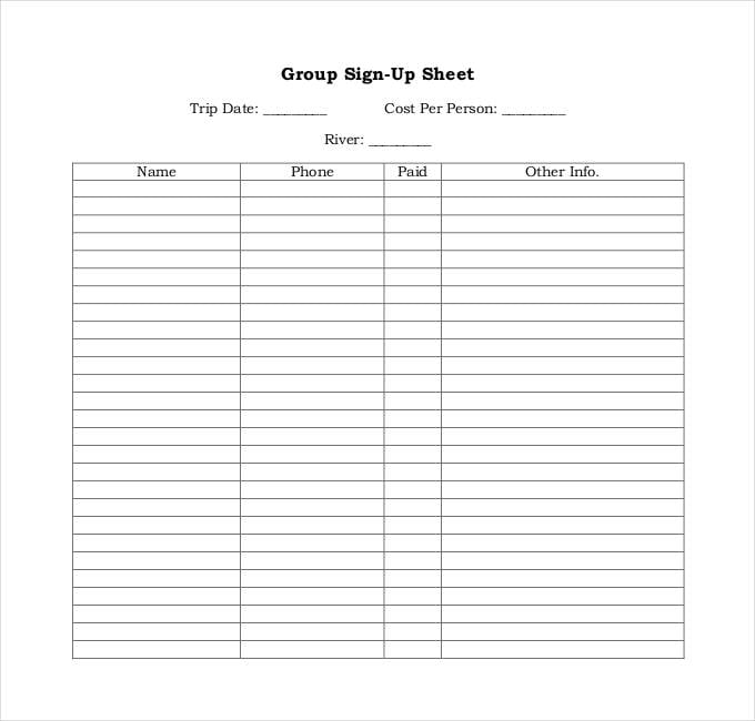 blank group sign up sheet