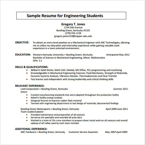 chronological resume for engineering students