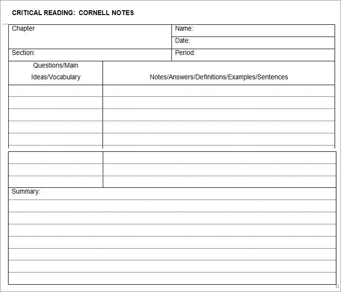 Cornell Note Taking Template simple (Instant Download) 