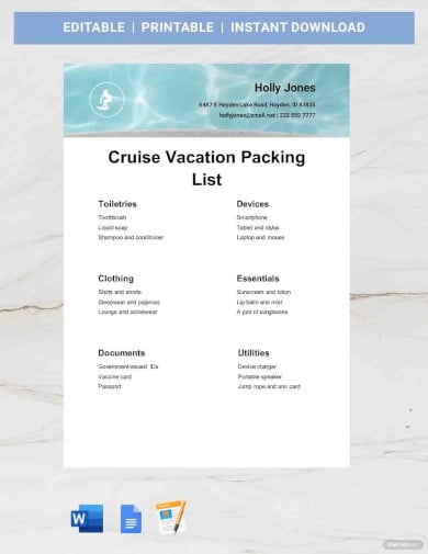 cruise vacation packing list template