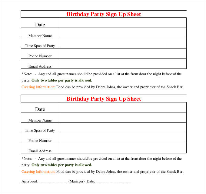 party sign up list