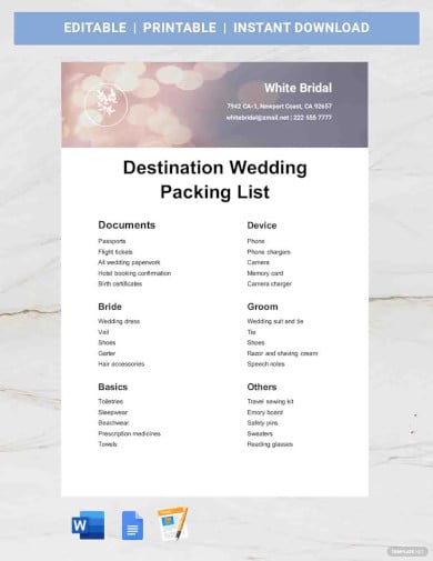 destination wedding packing list template
