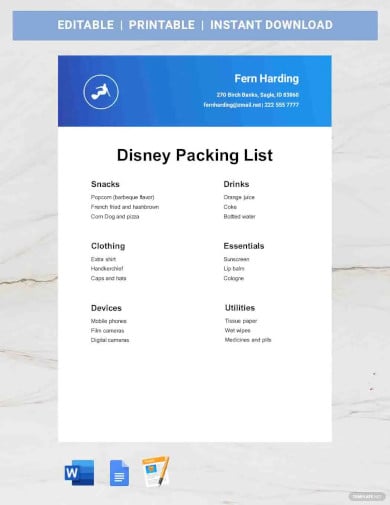disney packing list template