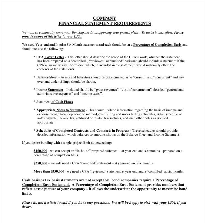 downloadable company financial statement requirements template