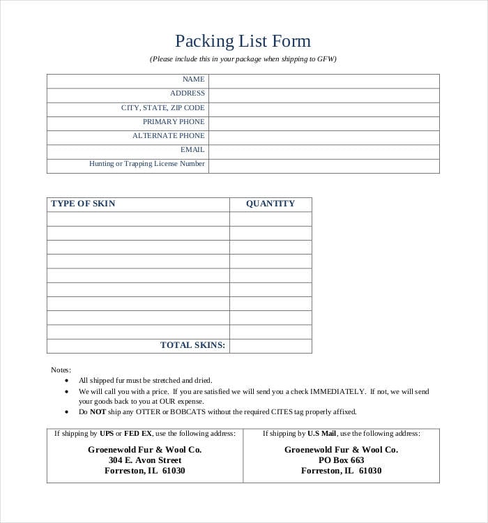 example of a packing list form