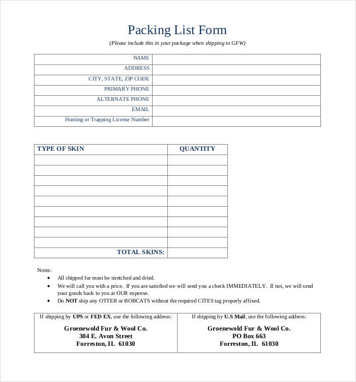 example of a packing list form