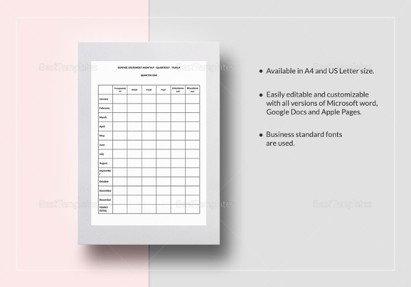 expense statement monthly quarterly yearly template