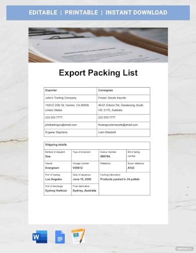 export packing list template