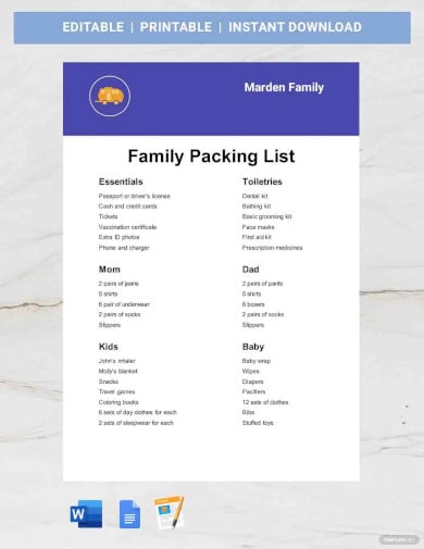 family packing list template