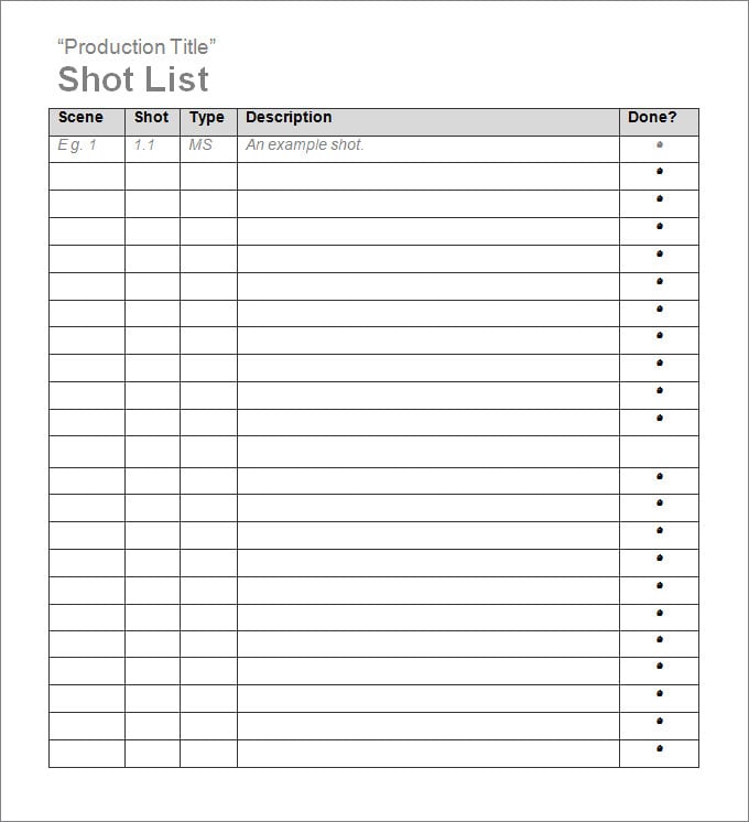 Shot List Template Free Word, Excel Documents Download Free