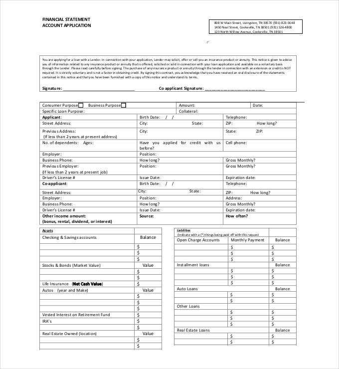 financial statement account application
