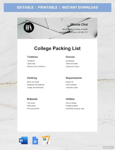 free college packing list template
