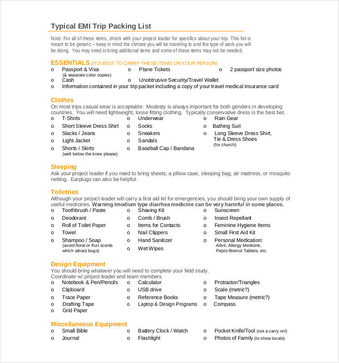 free trip packing list download
