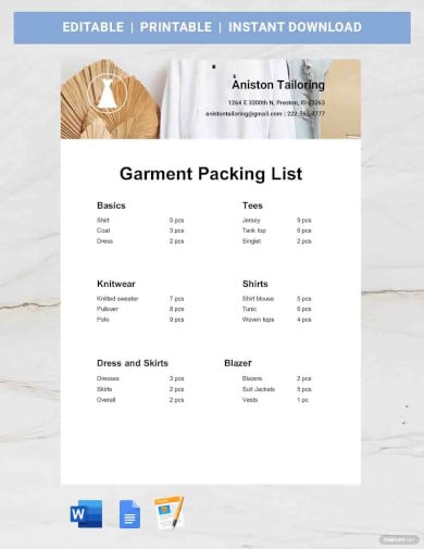 garment packing list template