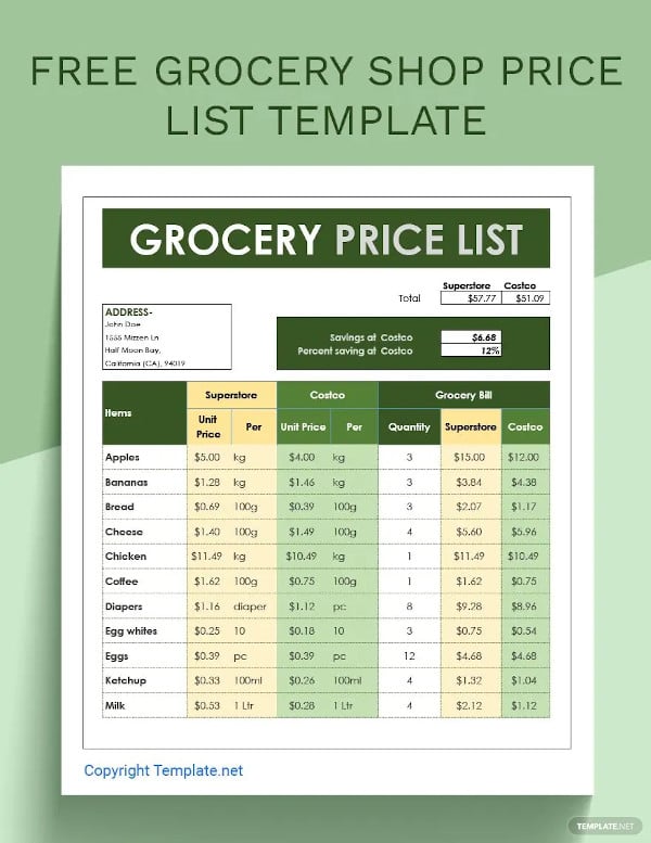 grocery shop price list template