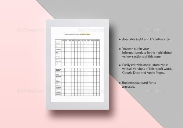 income statement monthly word template