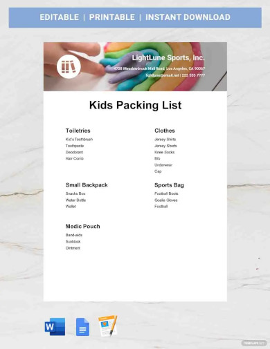 kids packing list template