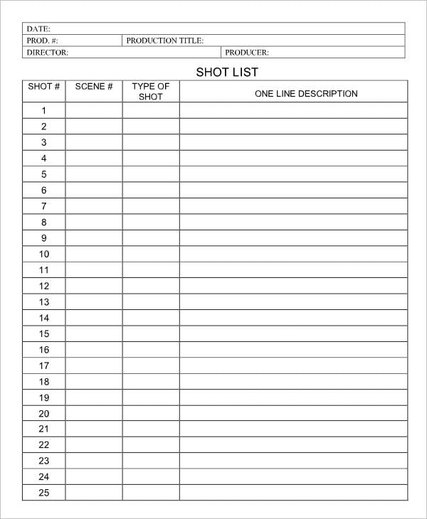 12+ Sample Shot List Templates DOC, PDF, Excel