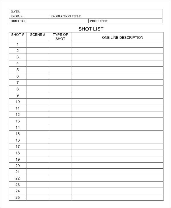 11 Sample Shot List Templates DOC PDF Excel