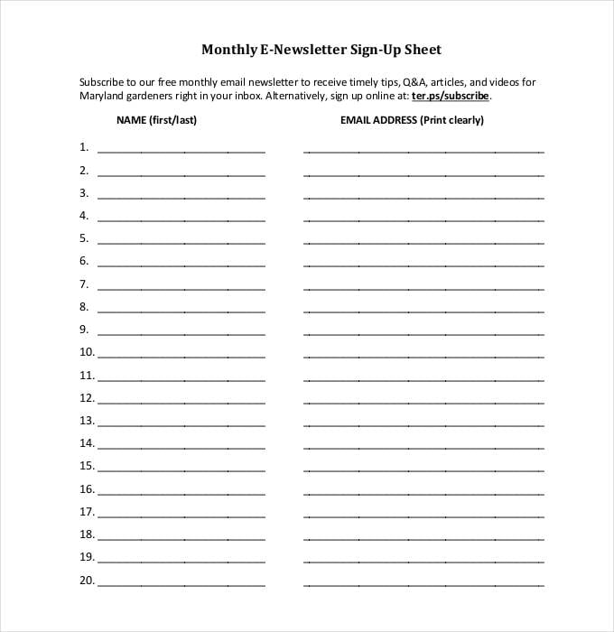 monthly e newsletter sign up sheet