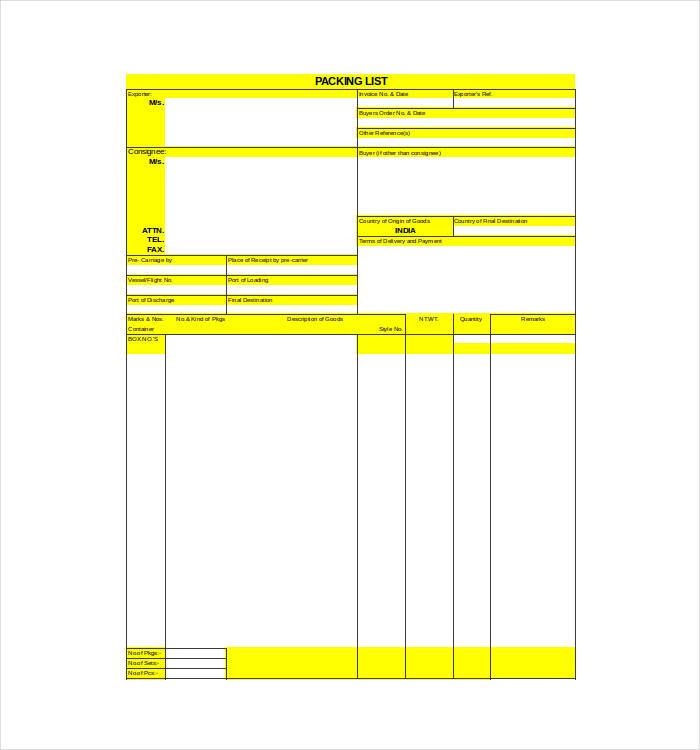 packing list excel