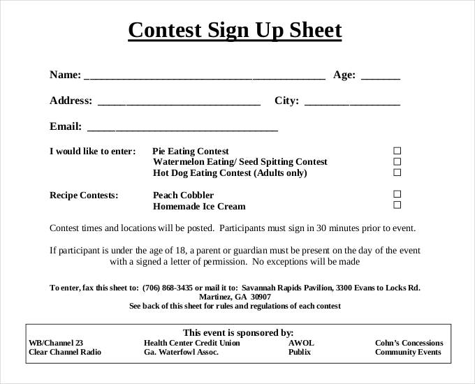 printable contest sign up sheet