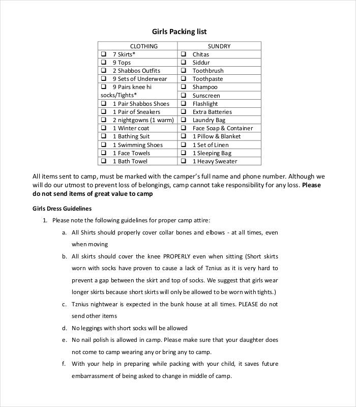 Packing List For Teenage Girls