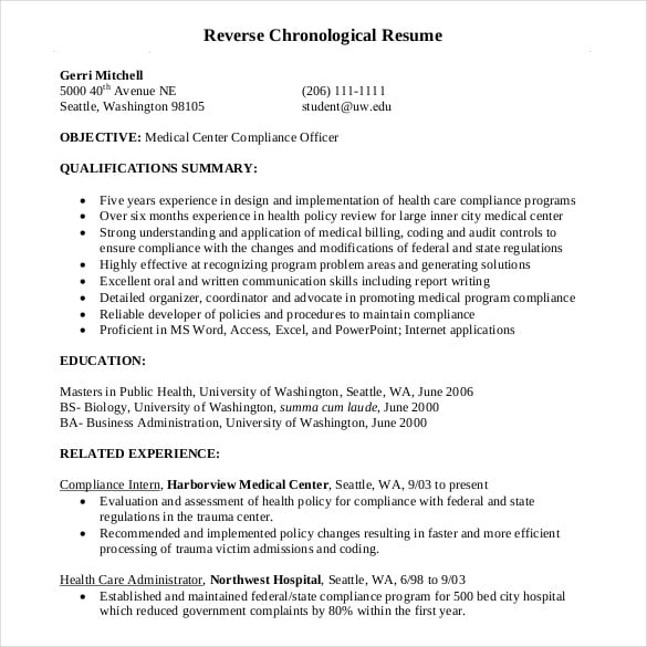 reverse chronological resume