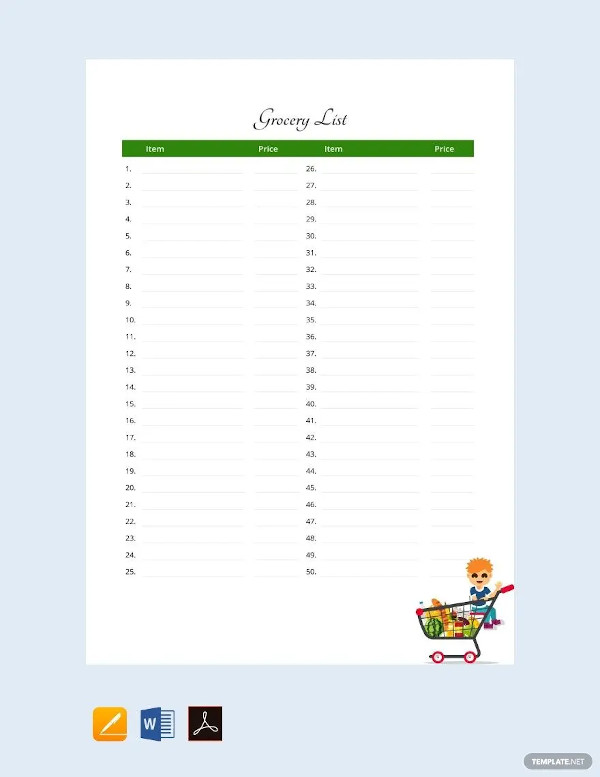 sample grocery list template