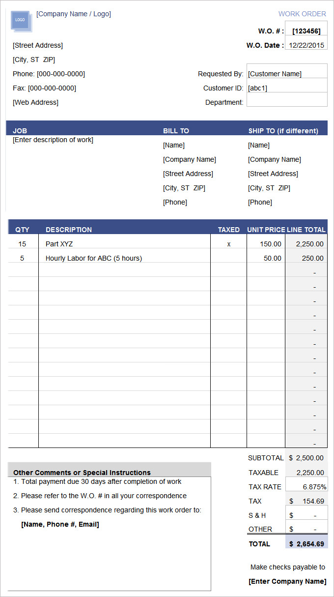 Free Work Order Template Word Printable Templates