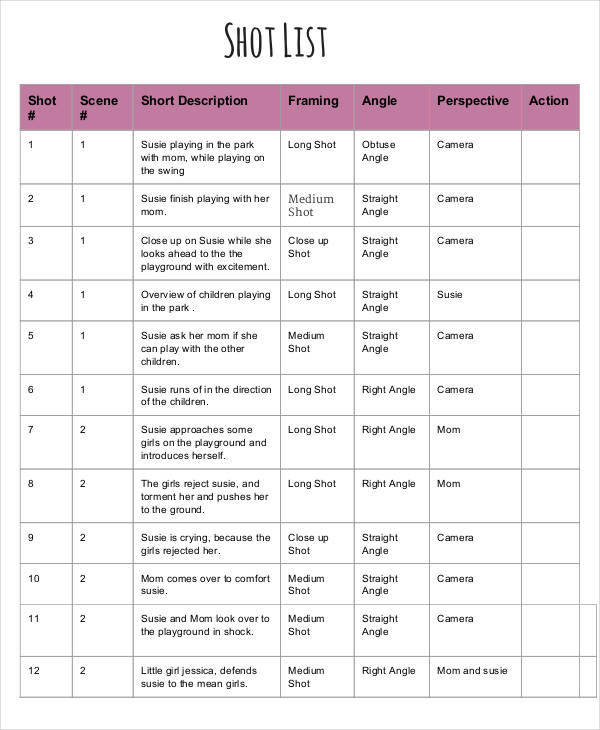 9 Sample Shot List Templates DOC PDF Excel