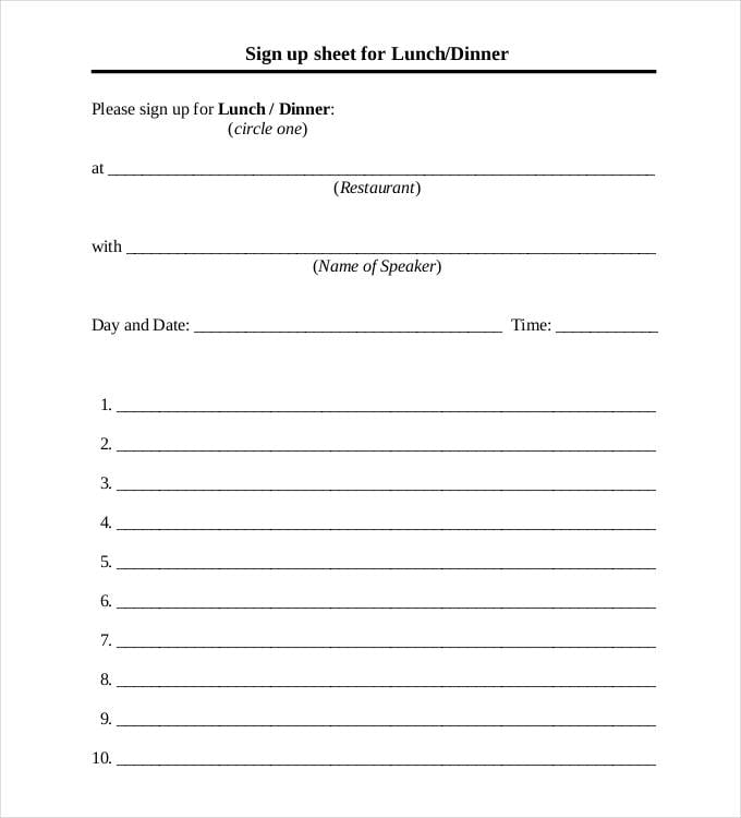 sign up sheet for lunch dinner