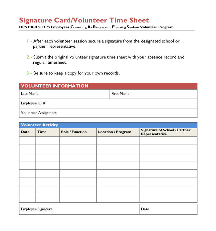 signature card volunteer time sheet