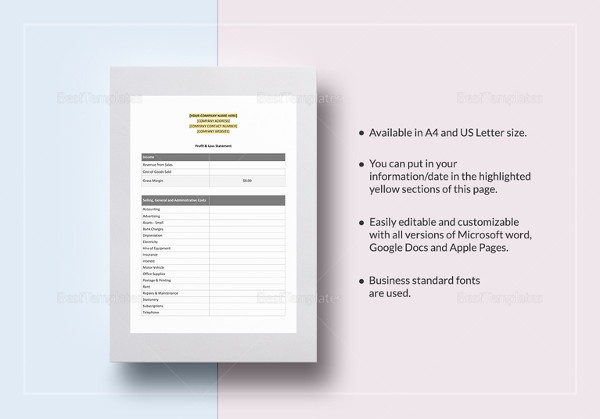 simple profit and loss statement excel template