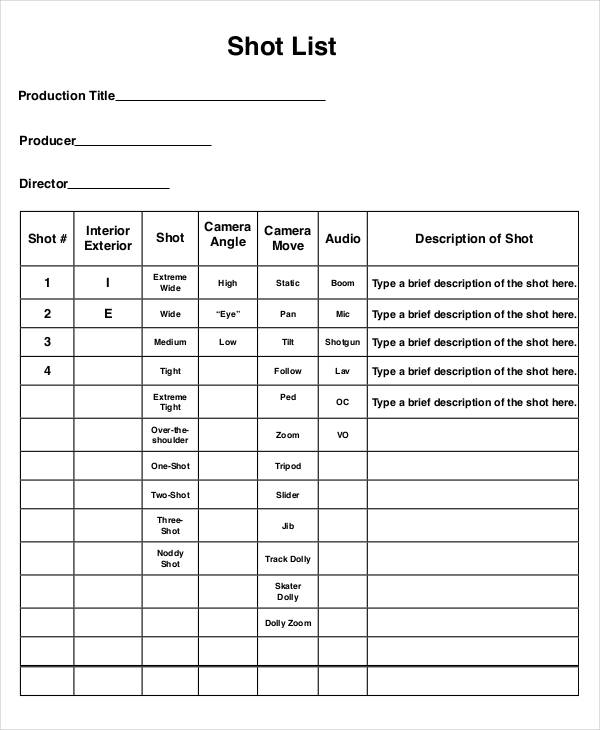 12+ Sample Shot List Templates DOC, PDF, Excel