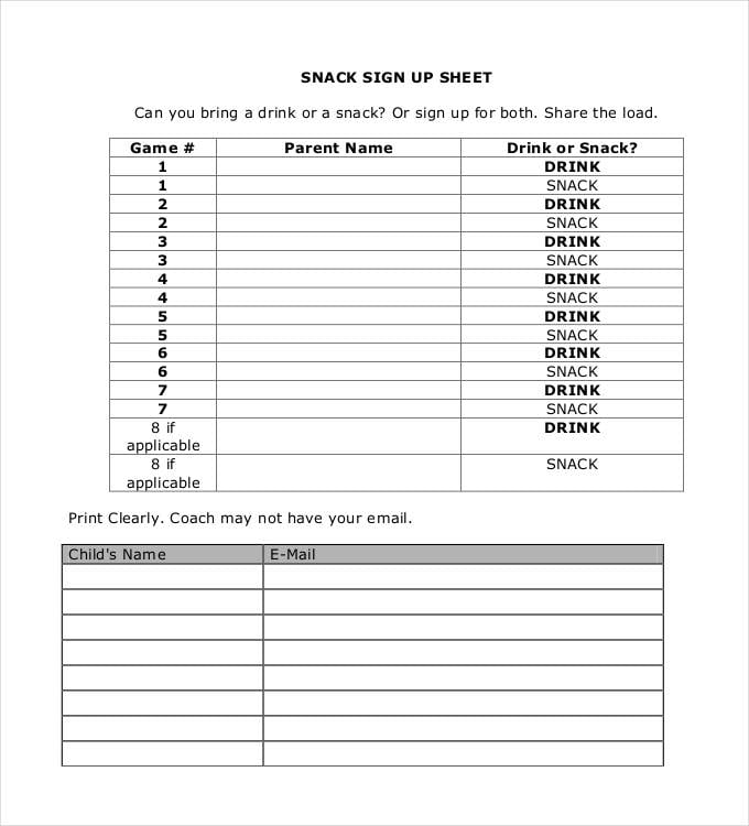 snack sign up sheet template