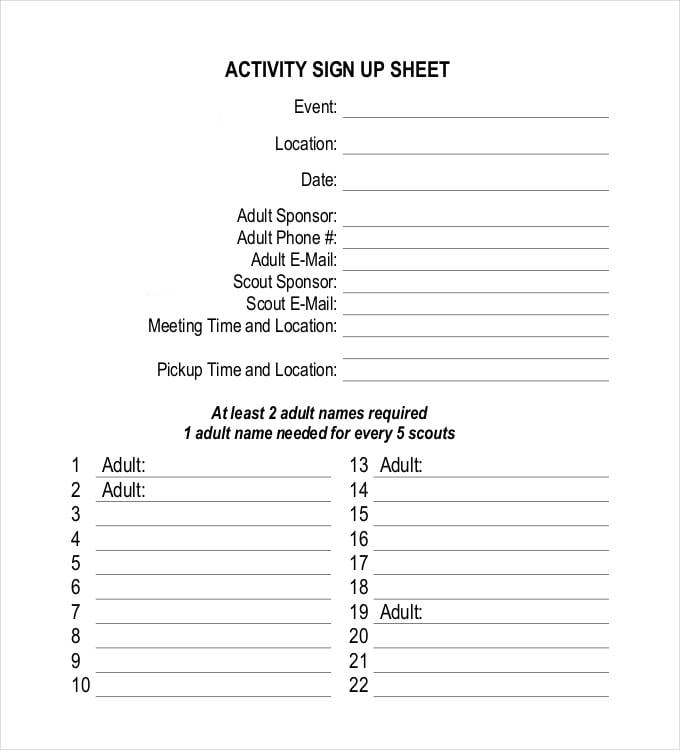 standard activity sign up sheet