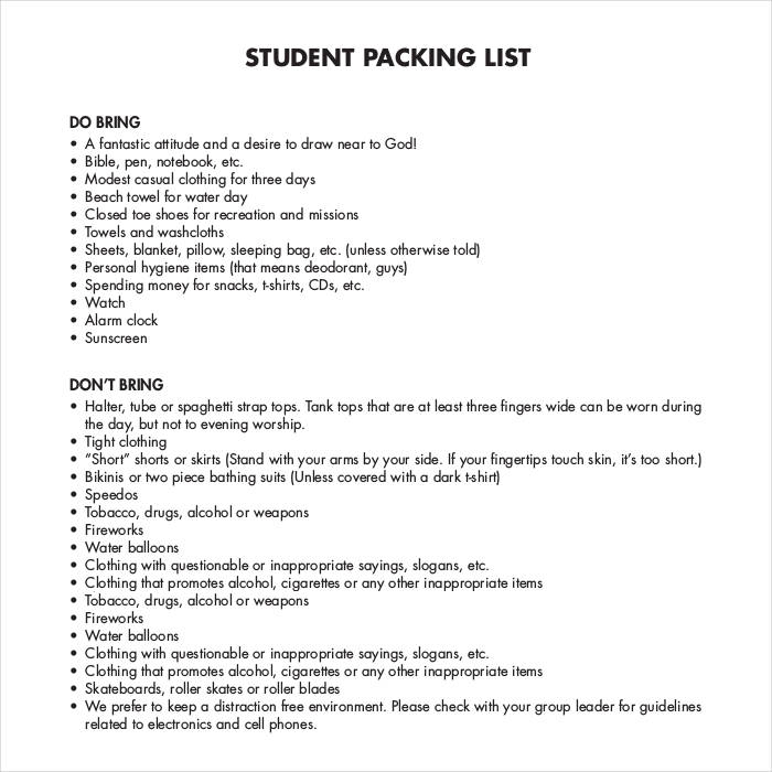 standard student packing list