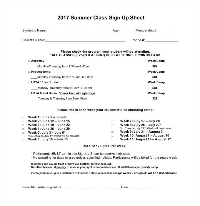 summer class sign up sheet