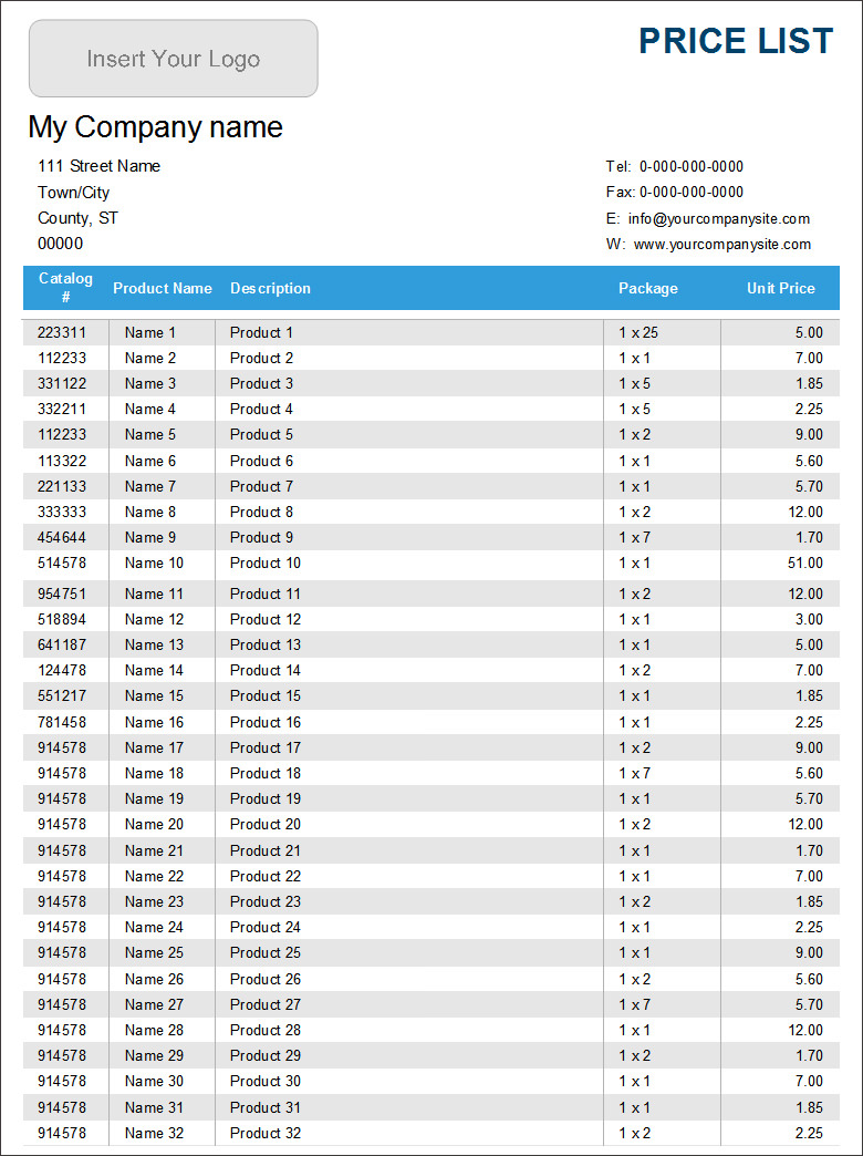 template for price list