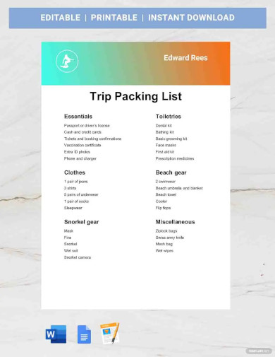 trip packing list template