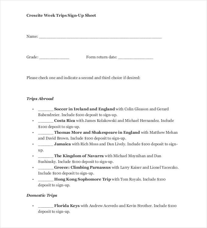 week trips sign up sheet form