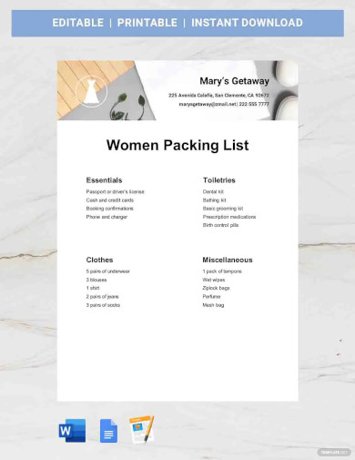 women packing list template