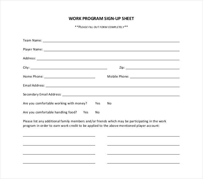 work program sign up sheet
