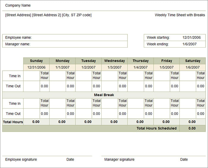 weekly time sheet with breaks