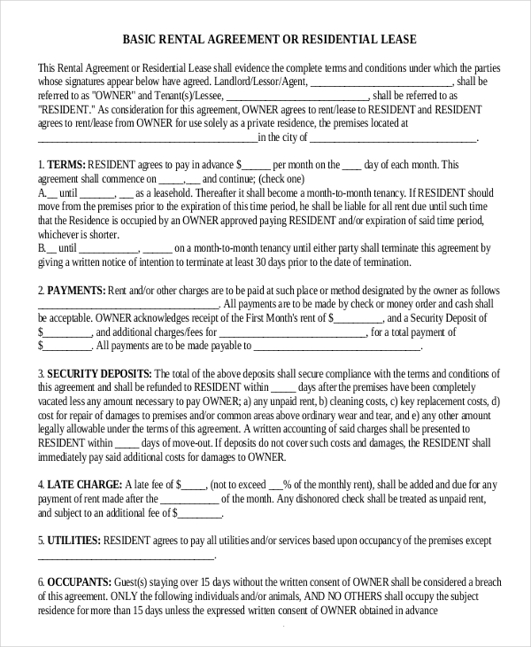 residential rental agreement form template pdf free download