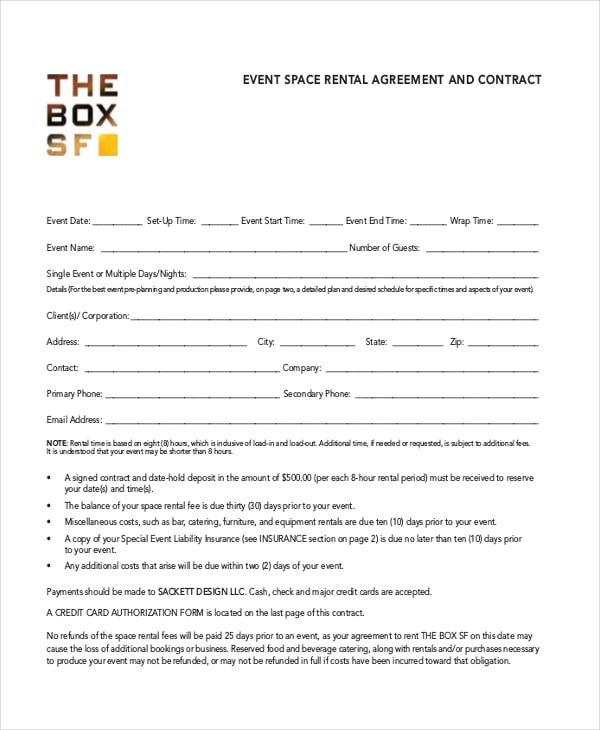 event room agreement template pdf free download